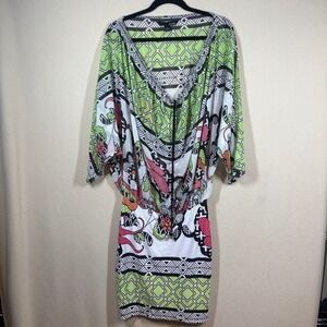 Analili Geometric Blouson Dolman Sleeve Mini Dress L Green Pink Black Resortwear